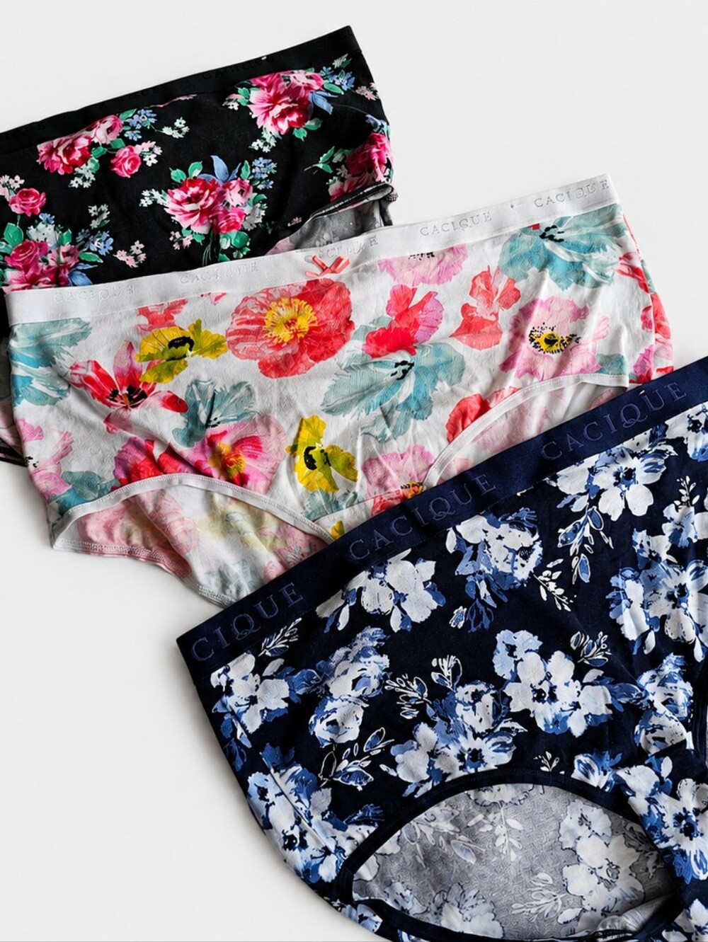 Cacique Floral Cotton Briefs Trio - Black, White, Navy Floral